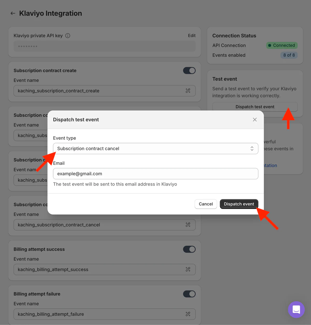 Dispatch test event dialog in Kaching Subscriptions, with Subscription contract cancel selected and Dispatch event highlighted