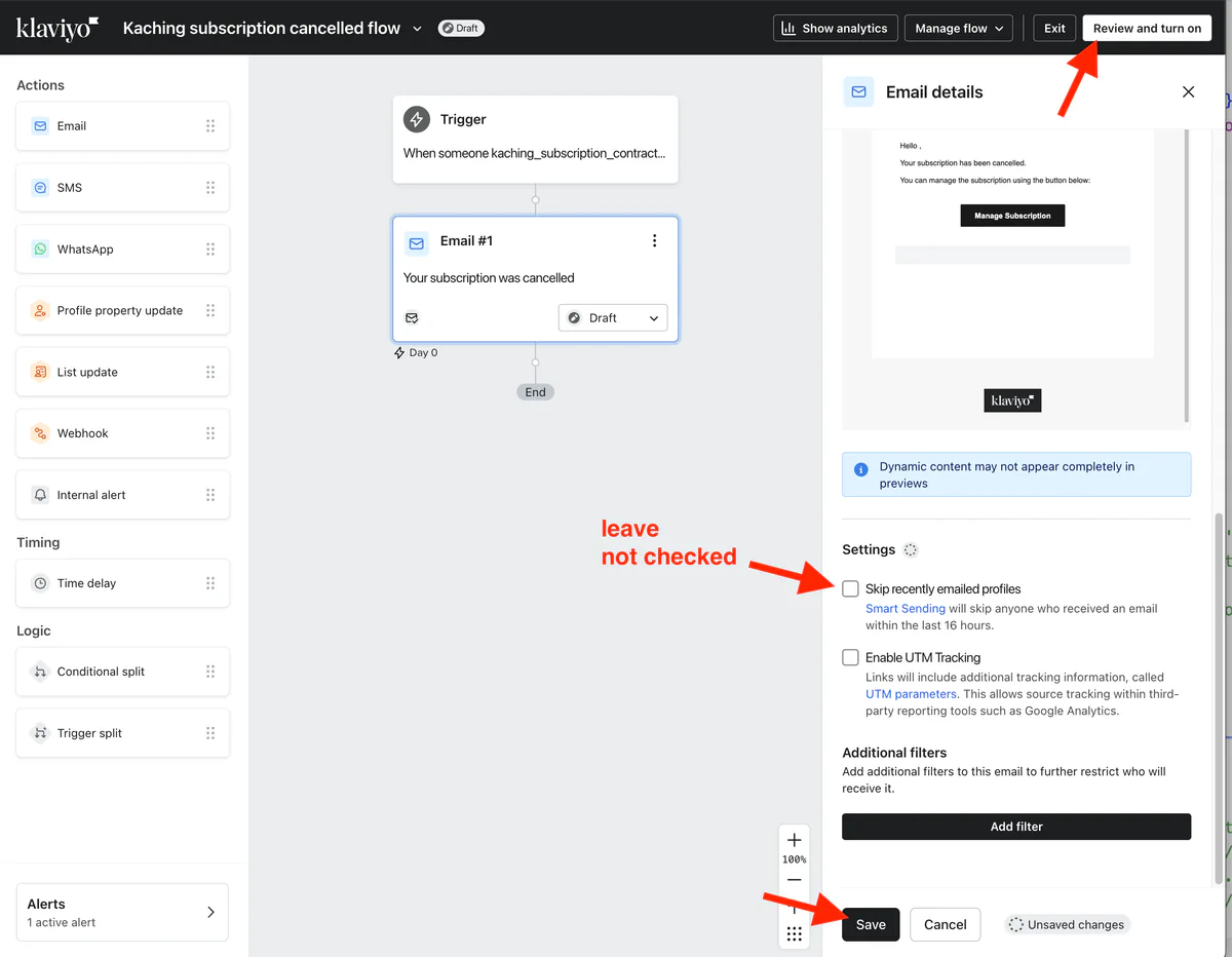 Email details with the template applied, Skip recently emailed profiles left unchecked, and Save and Review and turn on highlighted