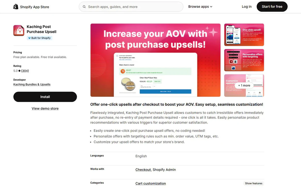 Kaching Post Purchase Upsell listing on the Shopify App Store - one-click post purchase upsell app