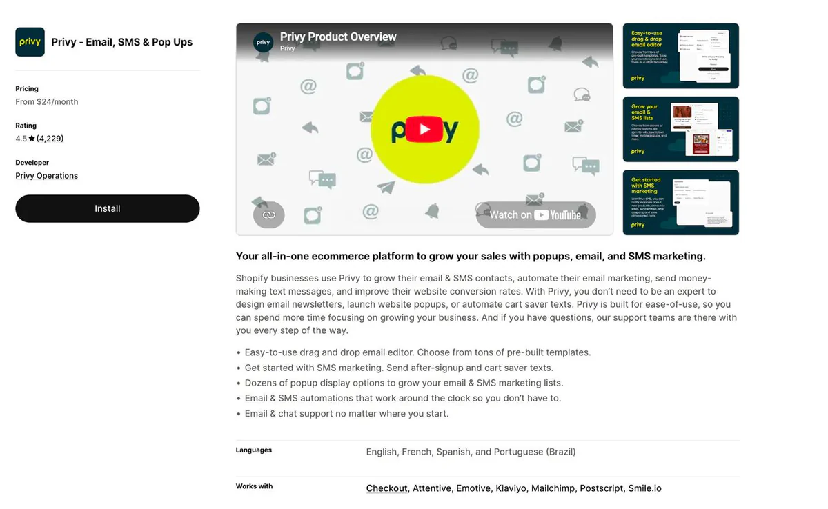 Privy listing on the Shopify App Store - popups, email and SMS marketing in one app