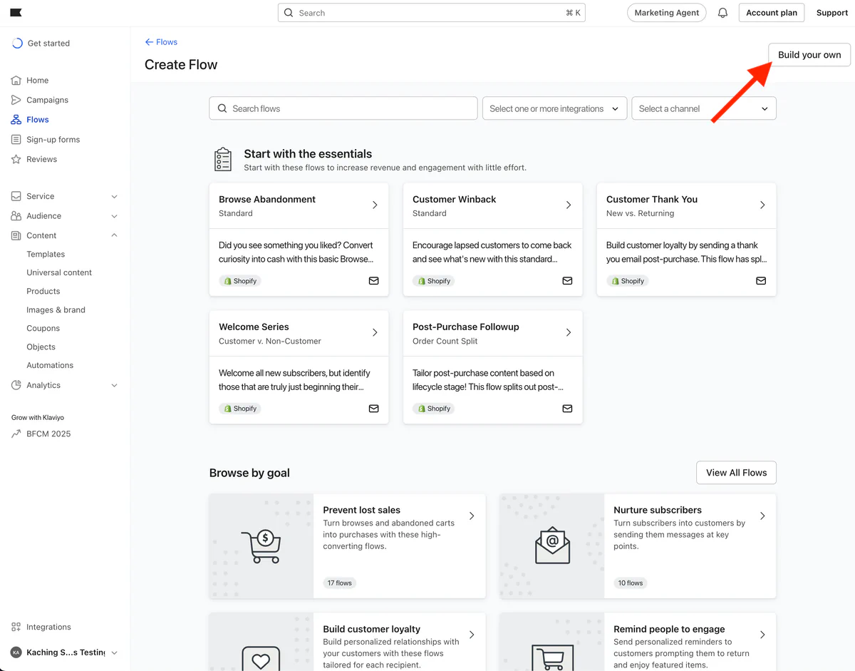 Klaviyo Create Flow page, with the Build your own button highlighted