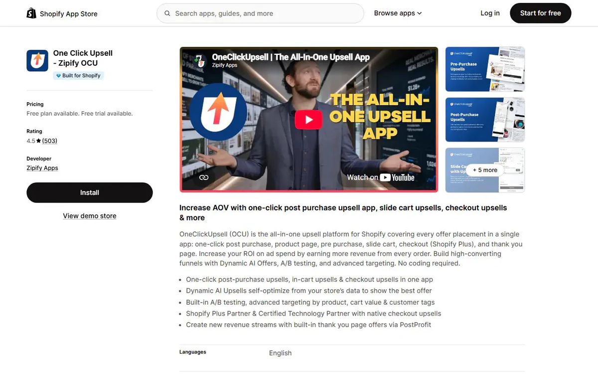 One Click Upsell - Zipify OCU listing on the Shopify App Store - upsell funnels for every surface