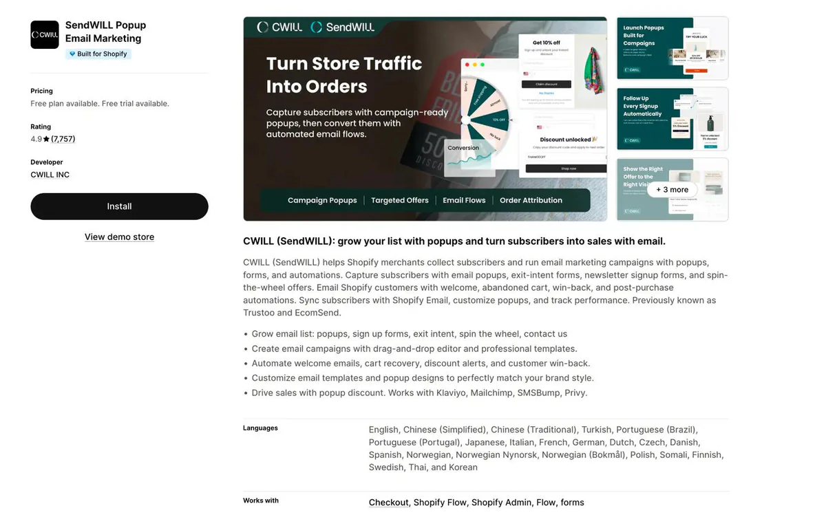 EcomSend, now CWILL Popup Email Marketing, listing on the Shopify App Store - simple email capture popups