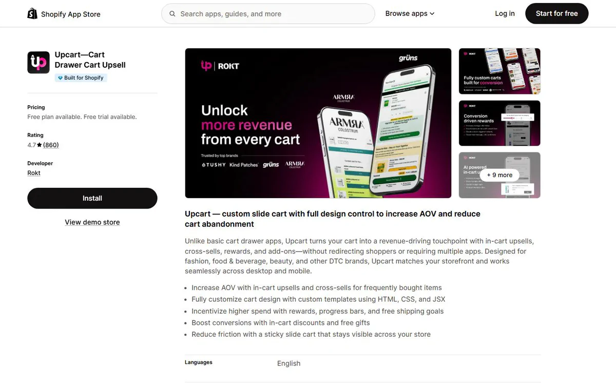UpCart Cart Drawer Cart Upsell listing on the Shopify App Store - drag-and-drop cart builder