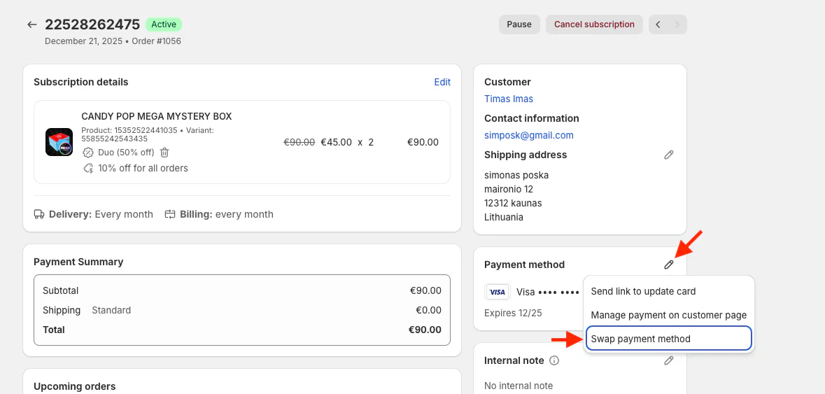 Subscription Payment Method Swap
