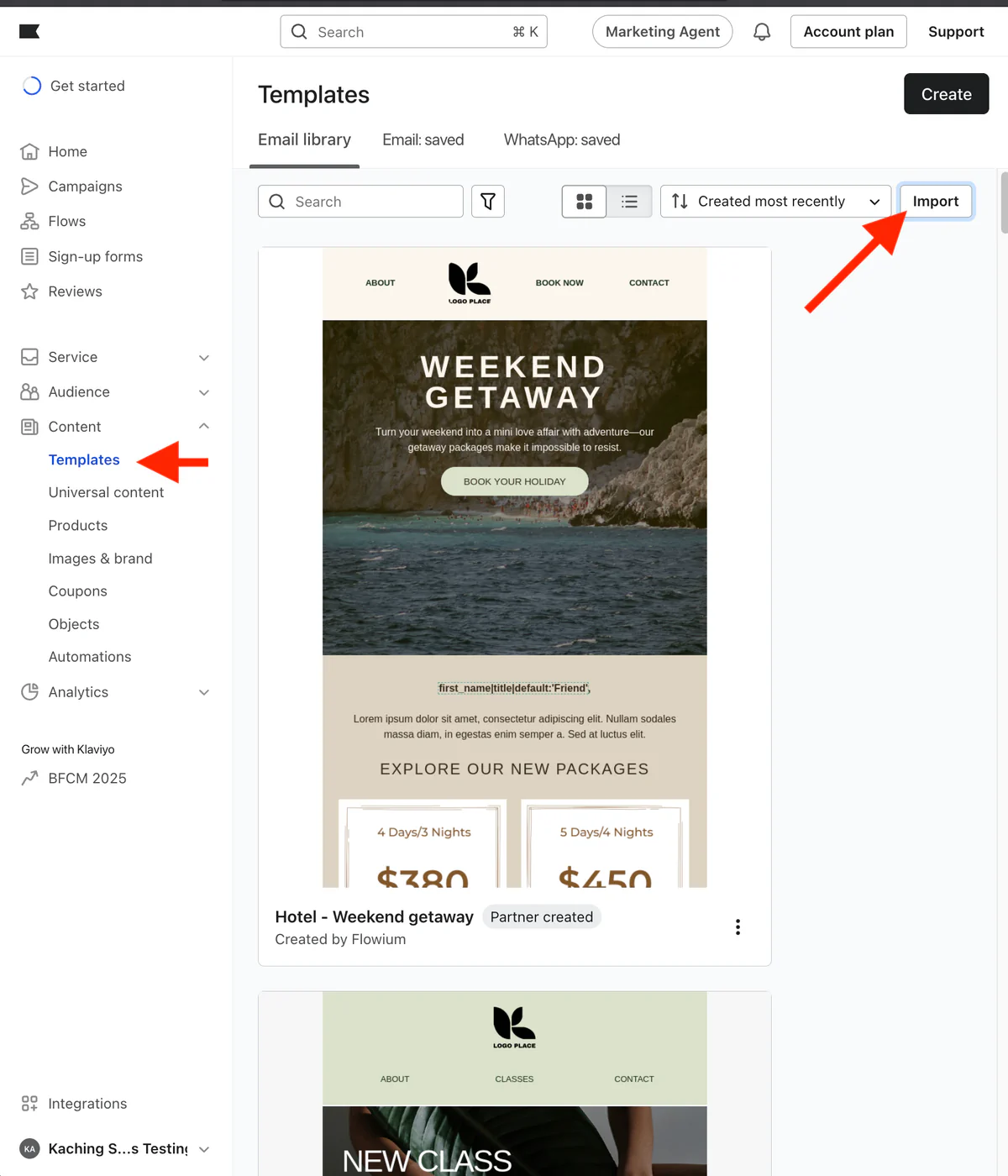 Klaviyo Templates page, with Templates in the sidebar and the Import button highlighted