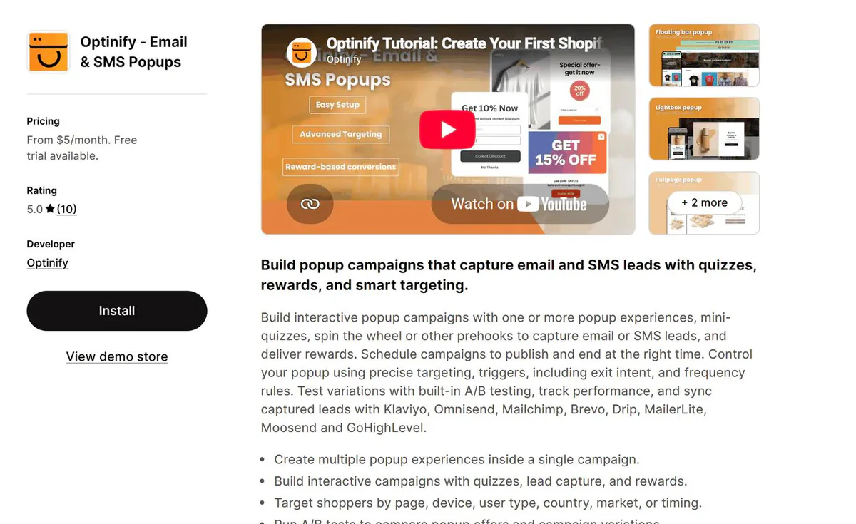 Optinify - Email & SMS Popups listing on the Shopify App Store - email and SMS popup campaigns with quizzes and rewards