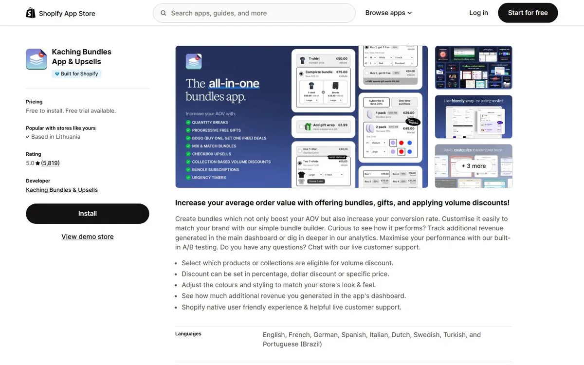 Kaching Bundles App & Upsells listing on the Shopify App Store - product bundles and quantity breaks app