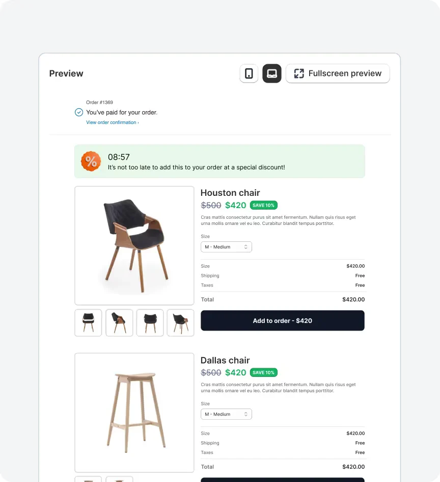Shopify Post-purchase upsell example from Kaching Post Purchase Upsell
