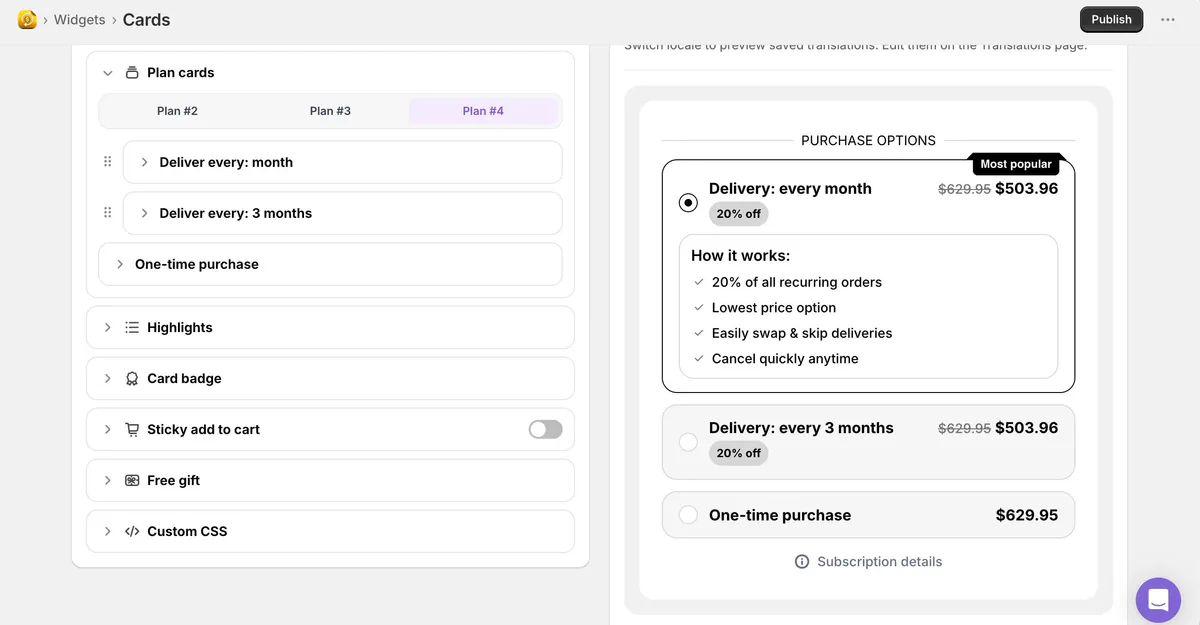Cards layout for delivery options in widgets