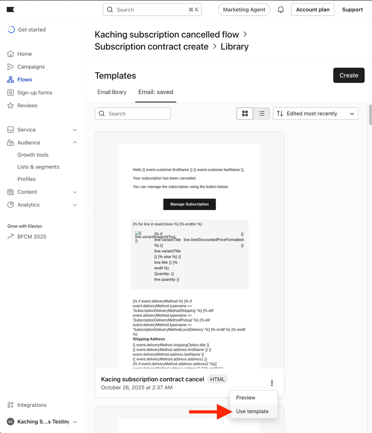 Saved email templates in Klaviyo, with Use template highlighted in the imported template's menu