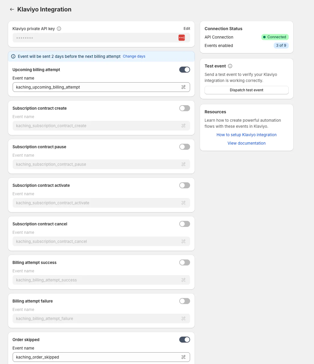 Klaviyo Integration settings in Kaching Subscriptions: an event name and on/off switch for each event, with the connection status and a test event button