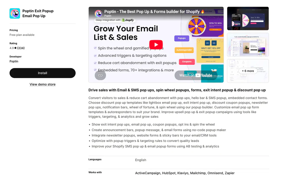 Poptin listing on the Shopify App Store - gamified exit intent popups