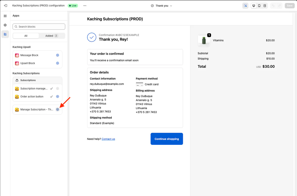 Manage Subscription widget on Thank You Page