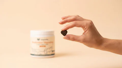 A hand holding a heart-shaped IntegroPet supplement beside its container.
