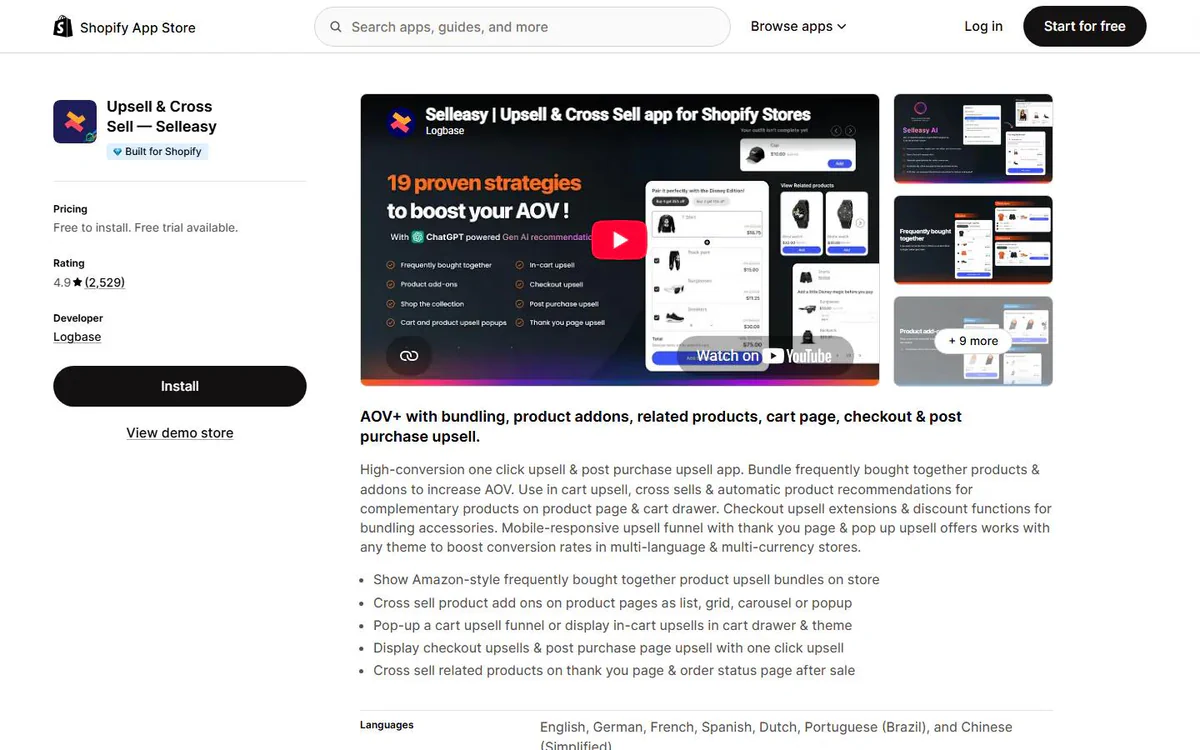 Upsell & Cross Sell - Selleasy listing on the Shopify App Store - frequently bought together app