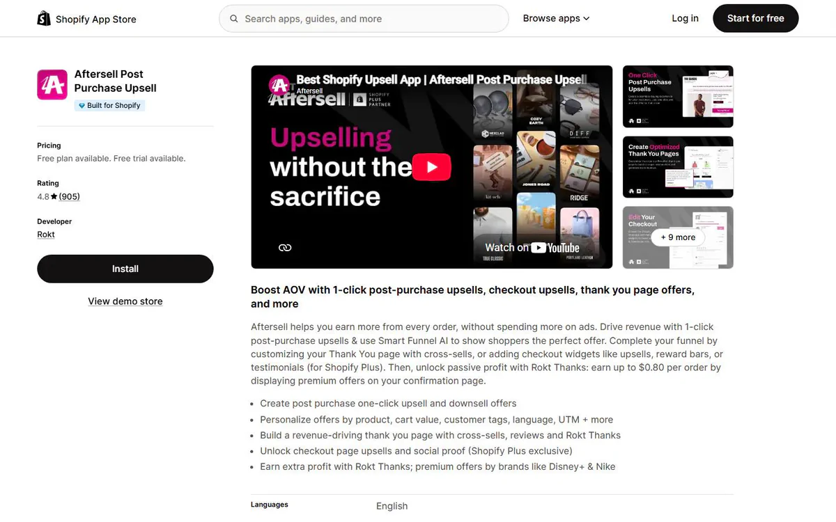 AfterSell Post Purchase Upsell listing on the Shopify App Store - AI post purchase upsell funnels