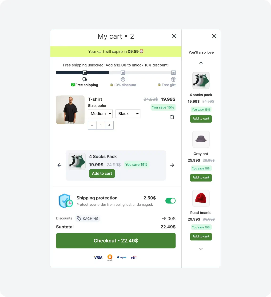 Shopify Cart drawer upsell example from Kaching Cart Drawer AI Upsell