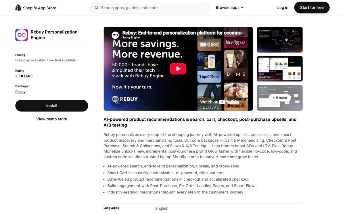 Rebuy Personalization Engine listing on the Shopify App Store - AI personalization and upsell platform
