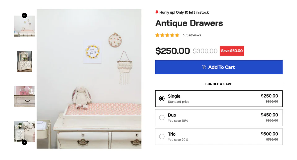 Live product page after: Kaching Bundles under Add To Cart, with Single, Duo and Trio options