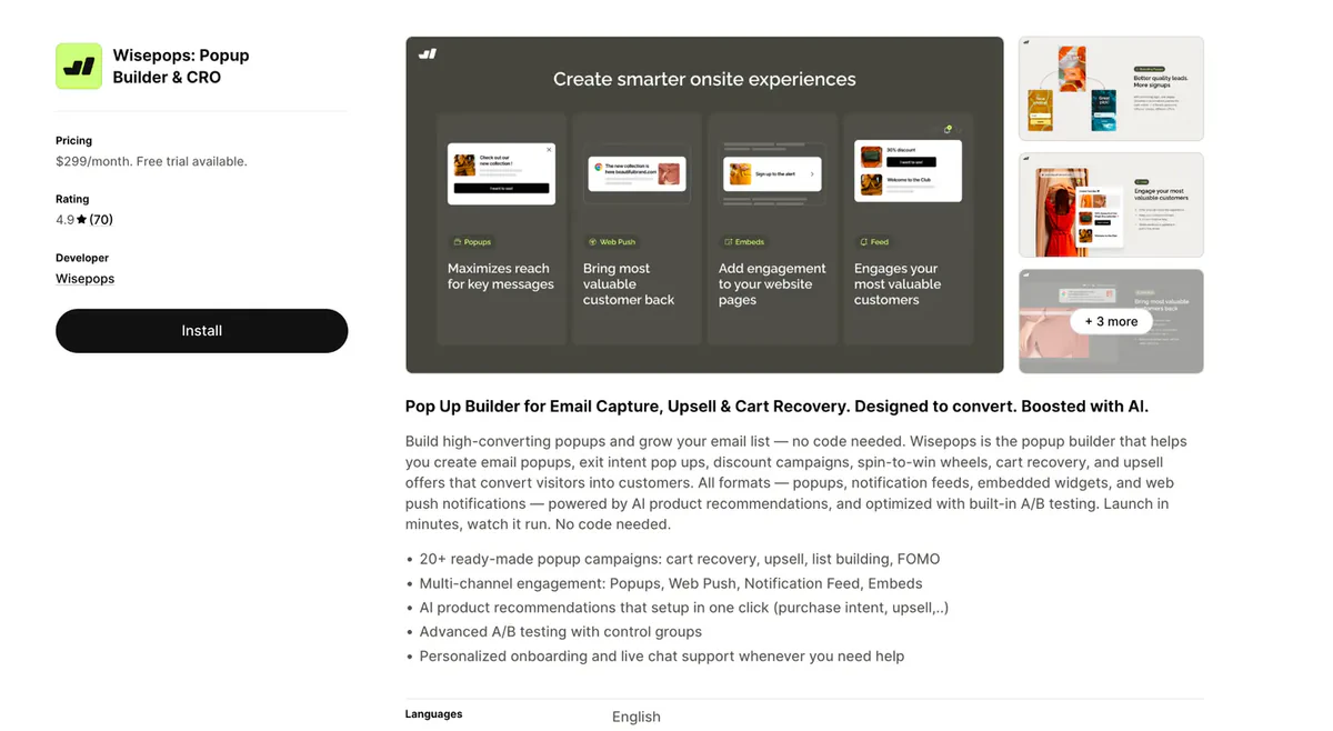 Wisepops listing on the Shopify App Store - advanced popup targeting for high-traffic stores