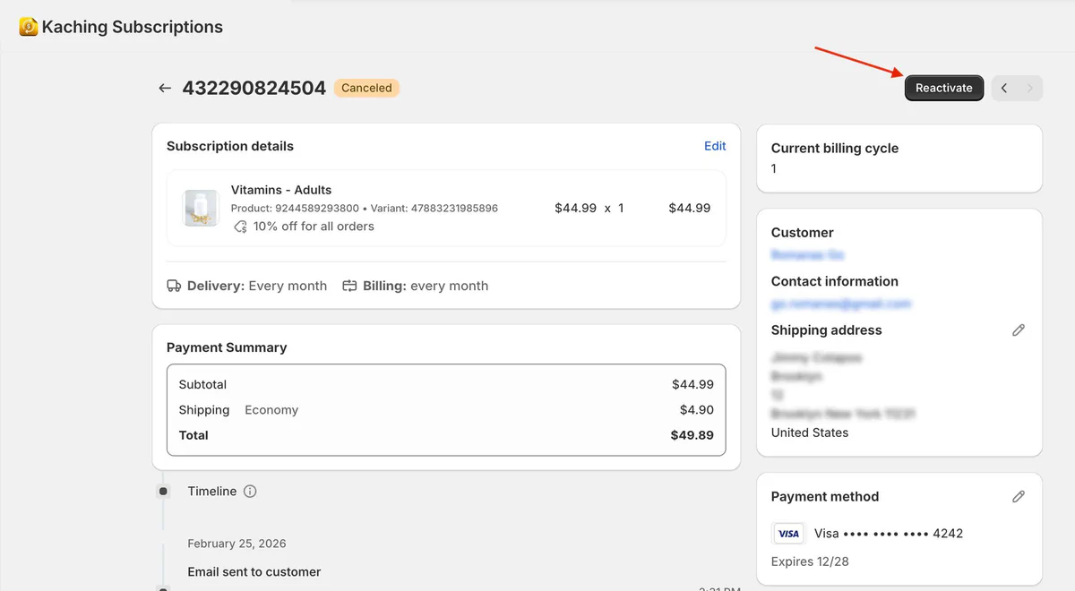 Cancelled subscription reactivation from Admin