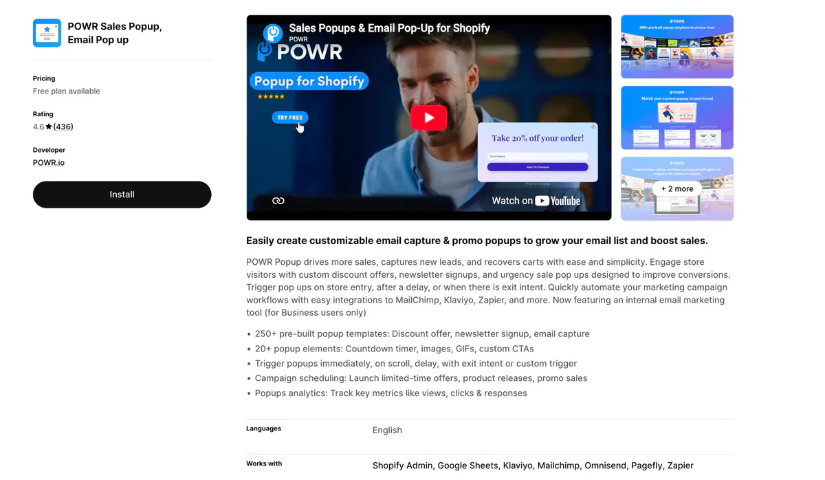 POWR Popup listing on the Shopify App Store - low-cost promo popups and banners