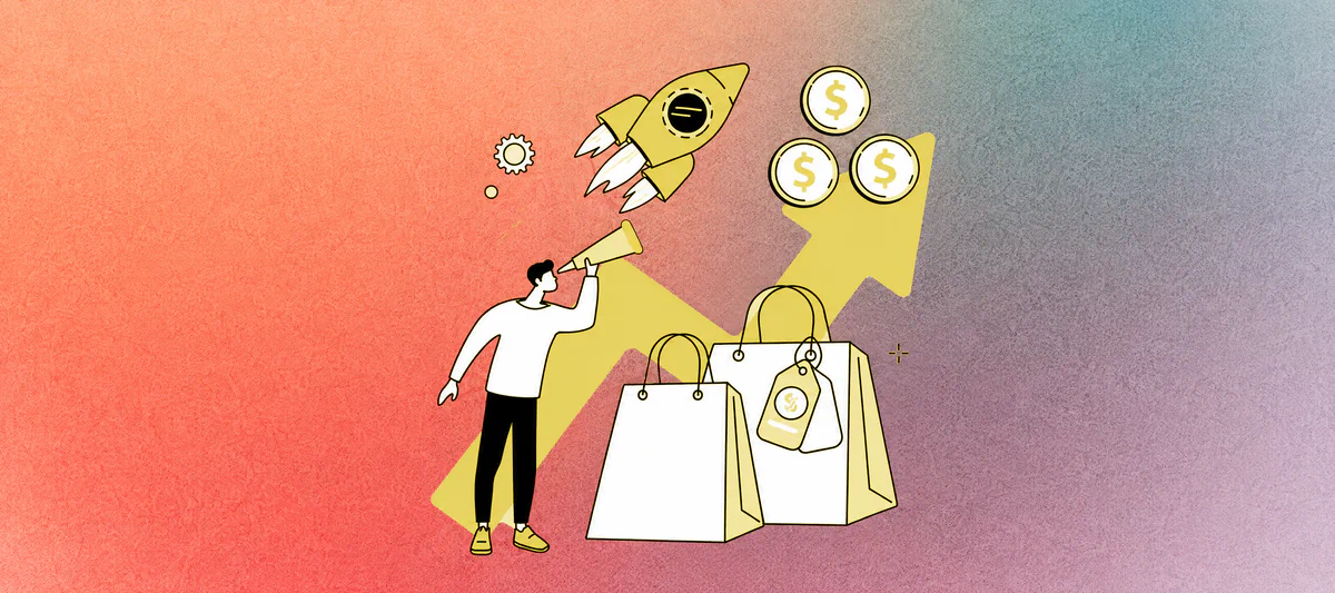 Kaching’s best Shopify upsell apps cover with shopping bags and a rocket illustration.