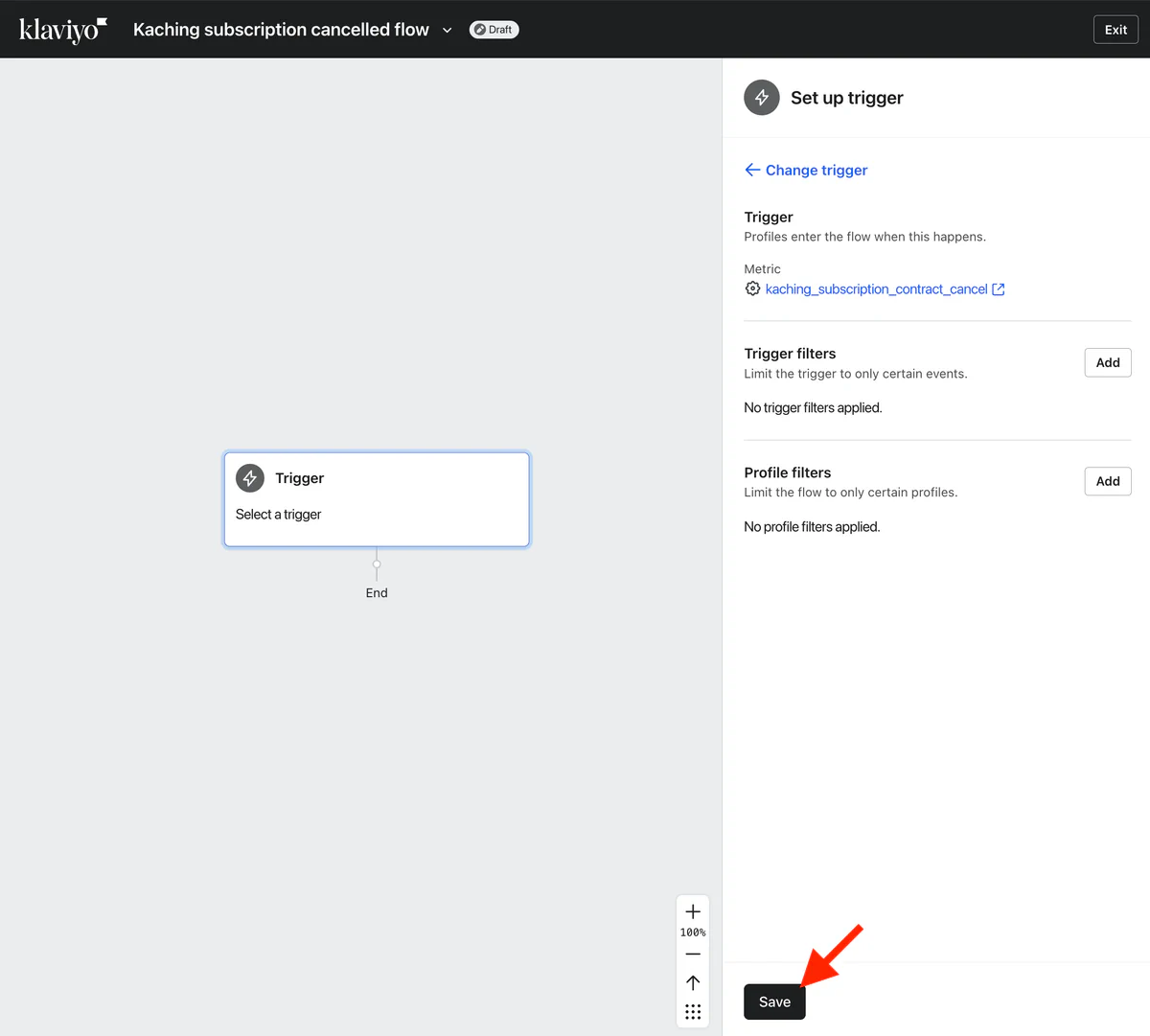 Trigger set to kaching_subscription_contract_cancel, with the Save button highlighted