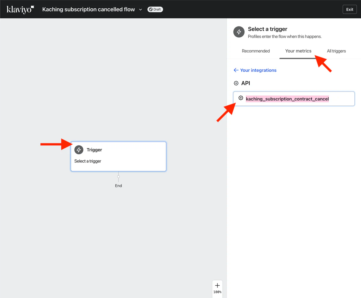 Flow trigger picker on Your metrics, with the kaching_subscription_contract_cancel API metric highlighted