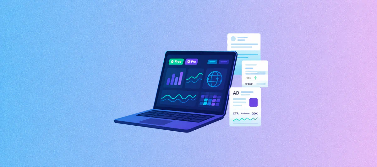 Kaching’s adspy tools guide cover with a laptop showing ad analytics.