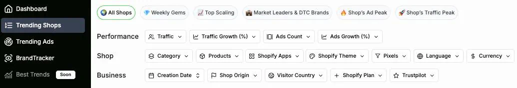 Dashboard Filter Options Shops