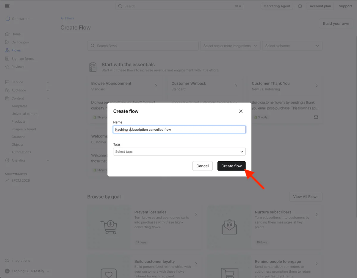 Create flow dialog named Kaching subscription cancelled flow, with the Create flow button highlighted