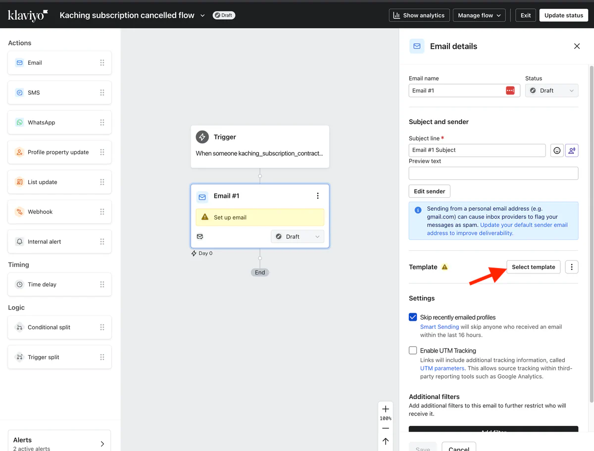 Email details panel in the flow, with the Select template button highlighted