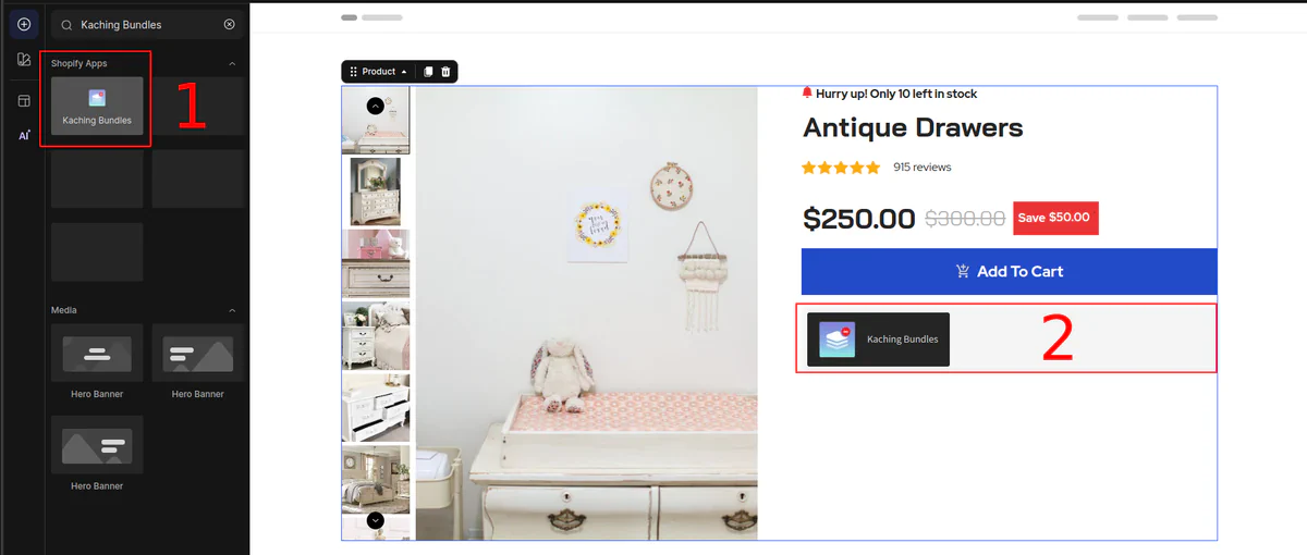 GemPages editor: the Kaching Bundles block in the Shopify Apps list (1), placed under Add To Cart in the product section (2)