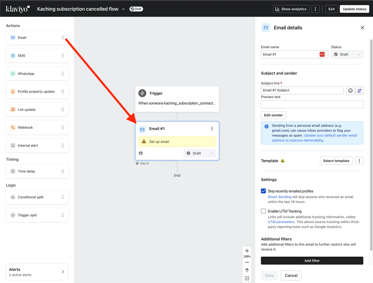 Dragging the Email action from the Actions list into the flow, under the trigger