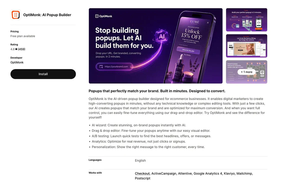 OptiMonk AI Popup Builder listing on the Shopify App Store - AI-generated on-brand popups