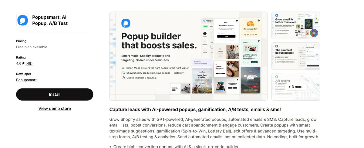 Popupsmart listing on the Shopify App Store - no-code popup builder