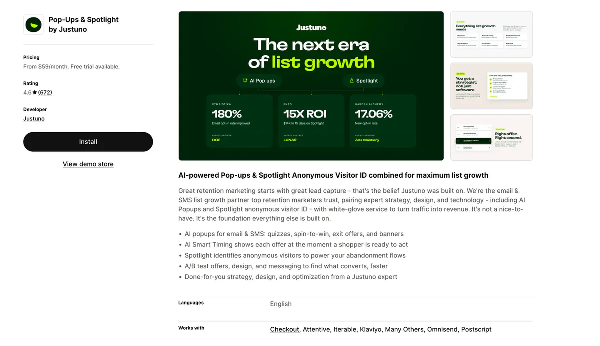 Justuno listing on the Shopify App Store - conversion optimization and popup platform