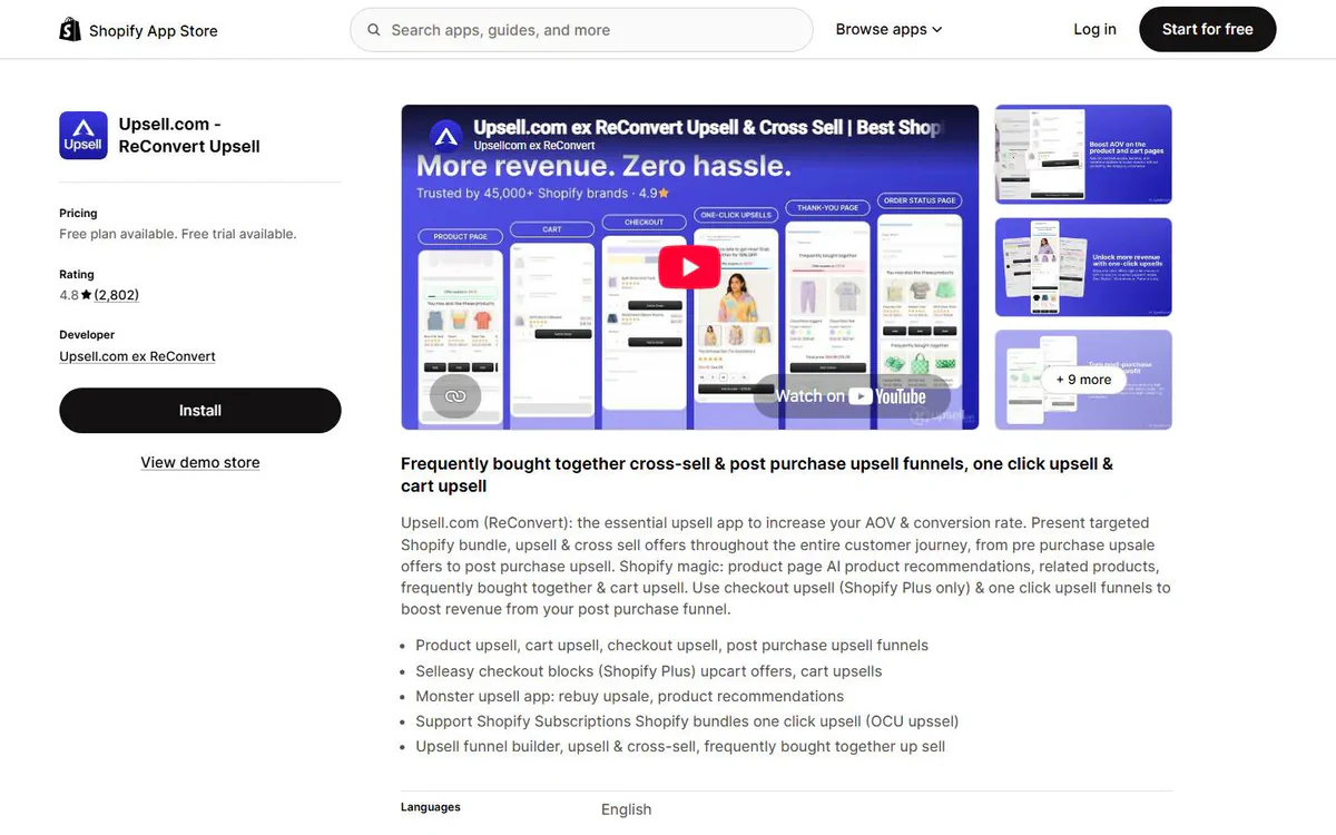 Upsell.com - ReConvert Upsell listing on the Shopify App Store - thank you page and post purchase upsell app