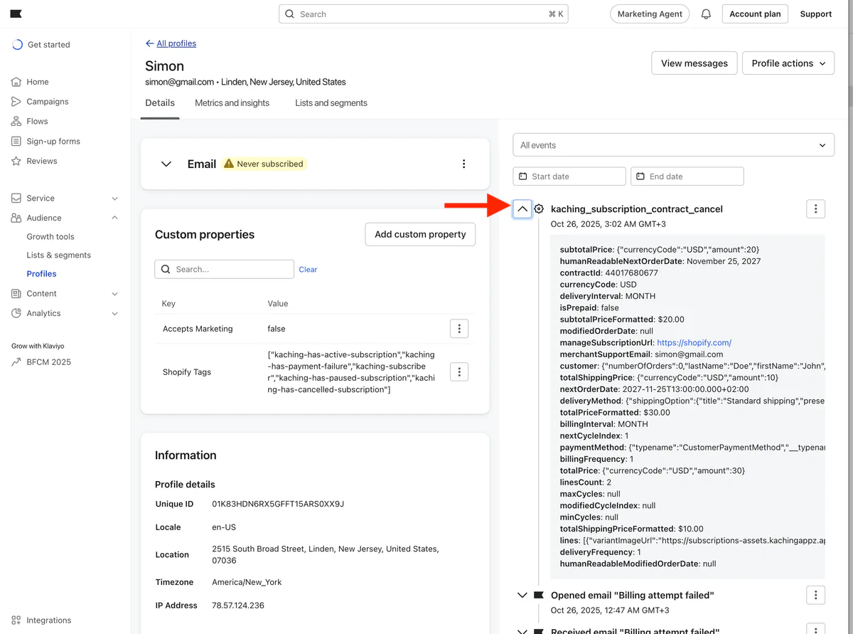 A Klaviyo profile's event feed with the kaching_subscription_contract_cancel event opened to show its data