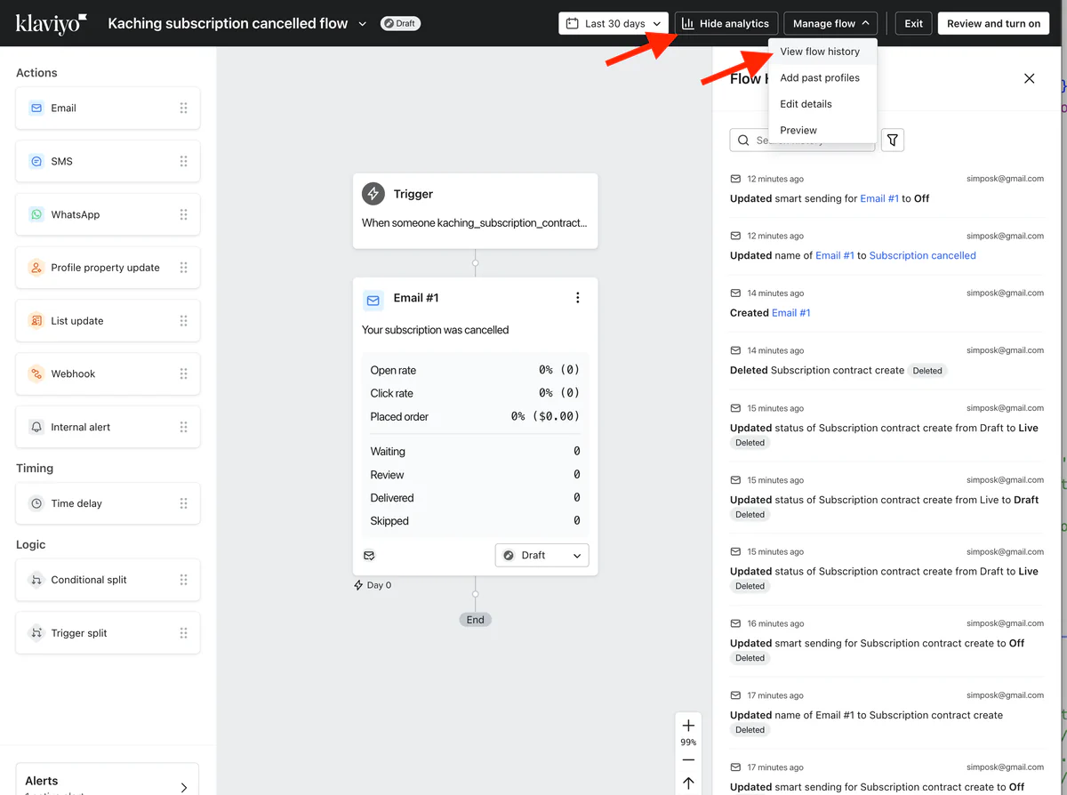 The flow with analytics shown and View flow history open in the Manage flow menu