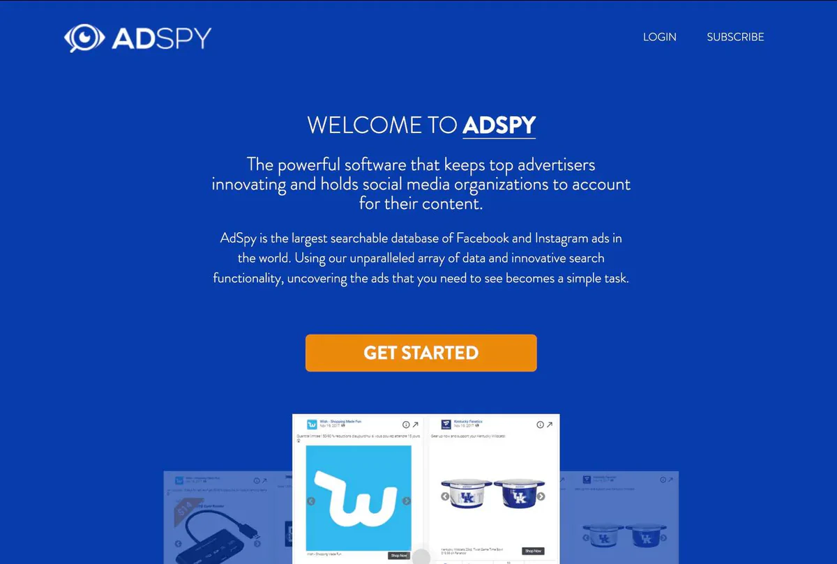 adspy website landing page