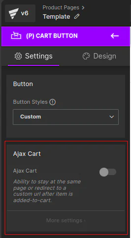 GemPages V6 (P) Cart Button settings, with the Ajax Cart option highlighted