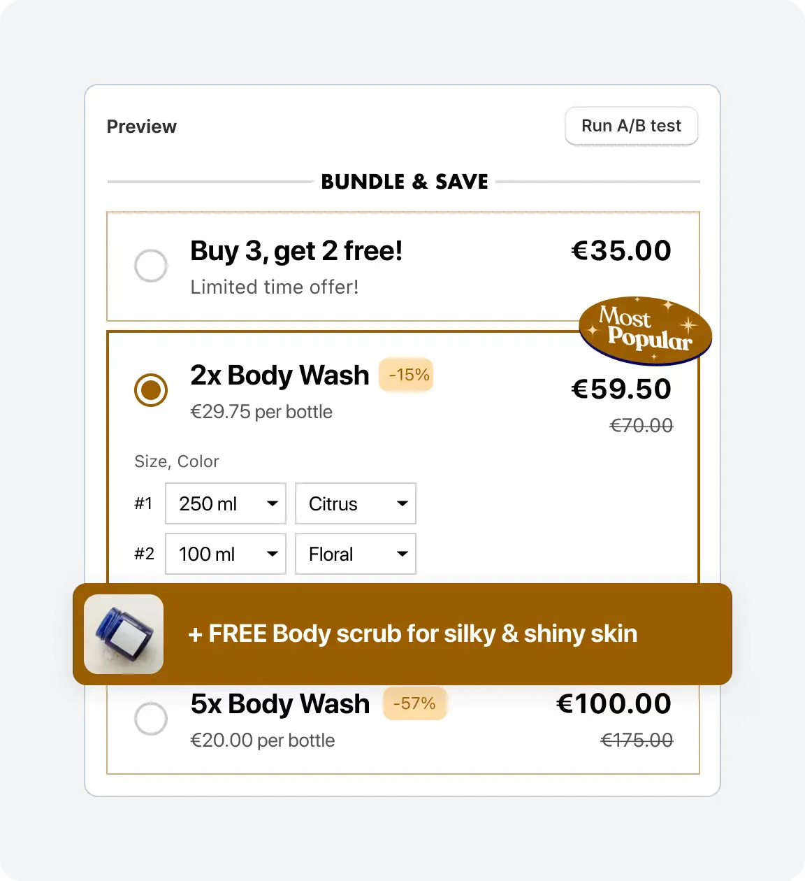 Shopify product page bundle example from Kaching Bundle Quantity Breaks