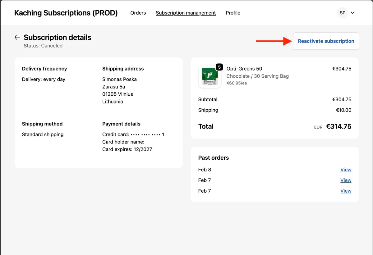 Subscription reactivation in Customer Portal