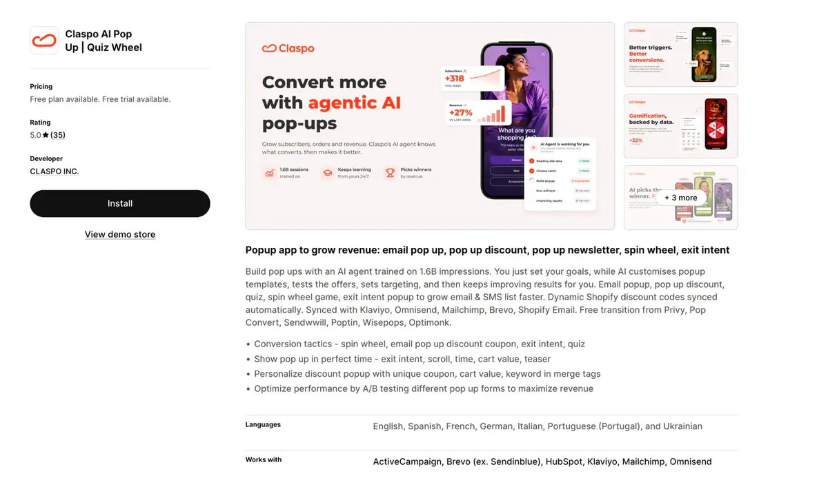Claspo listing on the Shopify App Store - quizzes, spin the wheel and scratch card popups