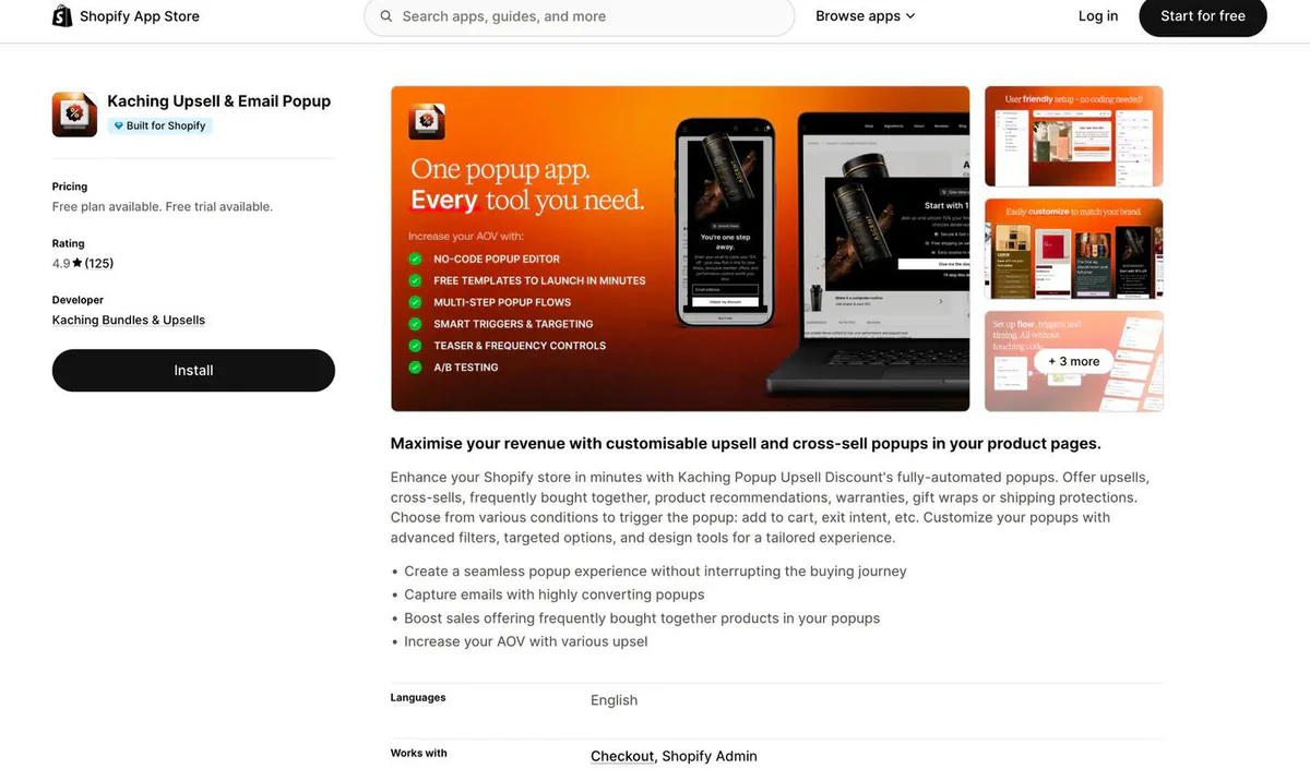 Kaching Upsell & Email Popup listing on the Shopify App Store - upsell and email capture in one popup