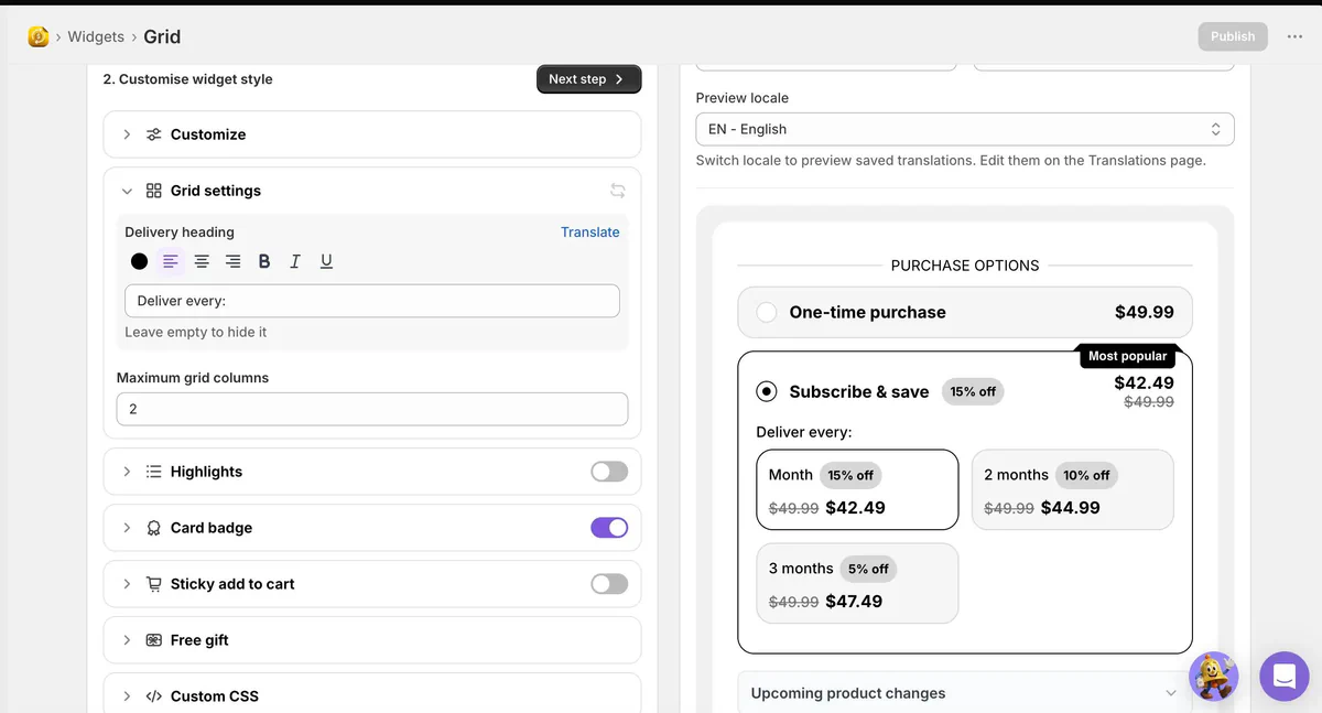 Grid layout for delivery options in widgets