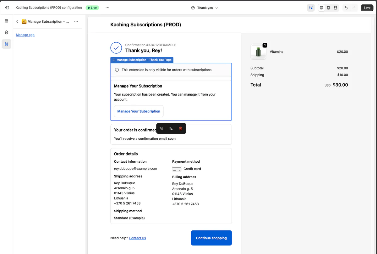 Manage Subscription widget on Thank You Page